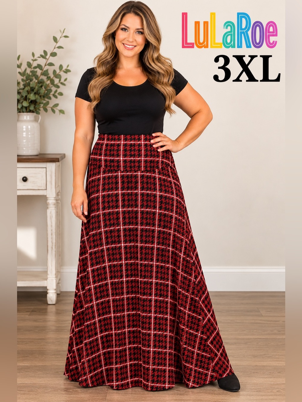 LuLaRoe 3XL Red Black Houndstooth Plaid Maxi Skirt